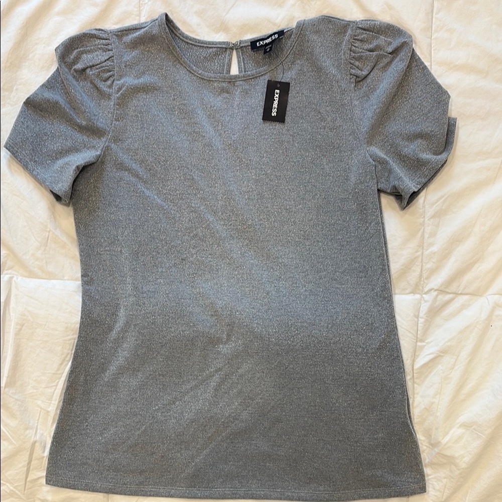 Express Gray Puff Sleeve Fitted T-Shirt